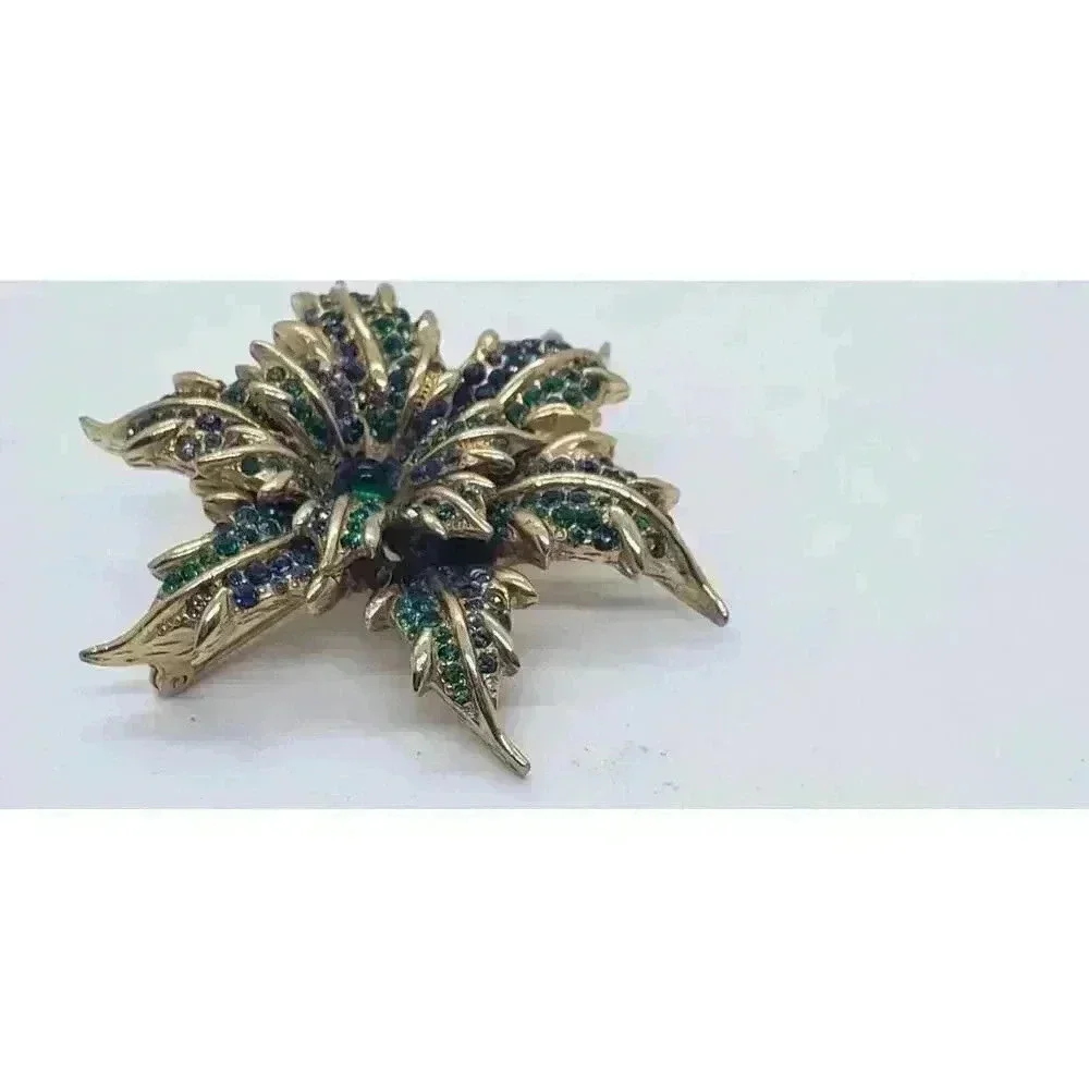 Vintage Flower Brooch Gold With Green & Blue Rhinestones & Cabochon Figural